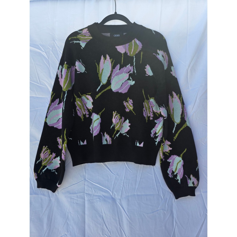 Cider Womens Black Floral Tulip Knit Crewneck Sweater Purple Green Size Small